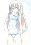  bad_id bad_pixiv_id black_hair brown_eyes graphite_(medium) k-on! long_hair nakano_azusa one-piece_swimsuit school_swimsuit solo soukai_(lemonmaiden) swimsuit traditional_media twintails watercolor_(medium) 