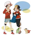  1girl backwards_hat baseball_cap chikorita cosplay costume_switch crossdressing cyndaquil gen_2_pokemon gold_(pokemon) hat hood hoodie kotone_(pokemon) lingerie overalls pokemon pokemon_(creature) pokemon_(game) pokemon_gsc underwear 