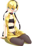  :&lt; amasora_taichi bandeau blonde_hair blue_eyes blush choker gym_leader headphones kamitsure_(pokemon) midriff navel pantyhose pokemon pokemon_(game) pokemon_bw shadow shirt short_hair simple_background sitting solo taut_clothes taut_shirt white_background yokozuwari 