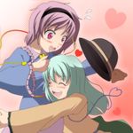  :d :o ^_^ aqua_hair bad_id bad_pixiv_id blush closed_eyes glomp happy hat hat_removed hat_ribbon headwear_removed heart heart_of_string highres hug komeiji_koishi komeiji_satori lavender_hair long_hair multiple_girls open_mouth red_eyes ribbon s-syogo short_hair siblings sisters smile surprised touhou 