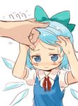  blue_hair blush bow chaba_(hortensia) child cirno dekopin face flick forehead hair_bow neck_ribbon ribbon short_hair solo touhou wings 