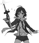 ahoge bad_id bad_pixiv_id bandaid casing_ejection cross drum_magazine fingerless_gloves firing gloves greyscale gun h2so4 holding holding_gun holding_weapon jewelry monochrome muzzle_flash necklace necktie open_mouth original rosary shell_casing short_shorts shorts solo submachine_gun suspenders thompson_submachine_gun weapon 