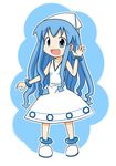  blue_eyes blue_hair bracelet dress hat ikamusume jewelry long_hair misaku_(neko5656) shinryaku!_ikamusume solo tentacle_hair tentacles waving 