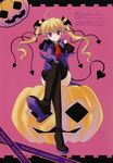  absurdres blonde_hair copyright_request halloween highres jack-o'-lantern nanao_naru pumpkin solo tail thighhighs twintails 