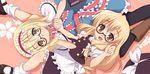  9law alice_margatroid apron bespectacled blonde_hair blush boots brown_eyes glasses headband holding_hands image_sample kirisame_marisa long_hair lying mary_janes md5_mismatch multiple_girls on_back open_mouth pixiv_sample shoes short_hair smile socks touhou waist_apron 