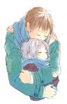  1girl a-ka brown_hair cardigan closed_eyes couple grey_hair height_difference hetero hug hug_from_behind kyon nagato_yuki scarf short_hair sketch suzumiya_haruhi_no_yuuutsu upper_body 