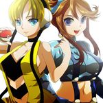  blonde_hair blue_eyes breasts cleavage fuuro_(pokemon) hcsb holding holding_poke_ball kamitsure_(pokemon) large_breasts long_hair multiple_girls navel poke_ball poke_ball_(generic) pokemon pokemon_(game) pokemon_bw 