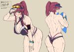  1girl 2021 abs arm_strap ass back bikini black_sports_bra blue_footwear blush bottle bracelet breasts cleavage eyewear_on_headwear full_body hand_on_own_hip highres huge_breasts jewelry large_breasts lilith-soft long_hair looking_at_viewer muscular muscular_female nakamori_nanaka official_art open_mouth panties pigeon-toed ponytail purple_hair red_hair saijou_satoru sandals sideboob sketch solo sports_bra sportswear standing summer sunglasses sweat swimsuit taimanin_(series) taimanin_rpgx topless towel underwear very_long_hair visor_cap white_background yellow_eyes 