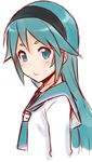  aqua_eyes aqua_hair blush face ha-ru hairband long_hair original school_uniform serafuku short_eyebrows simple_background solo upper_body 