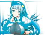 blue_eyes blue_hair blush breasts cleavage facial_mark hat large_breasts long_hair original puffy_sleeves simple_background smile solo wakame 