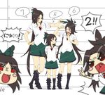  black_hair chibi closed_eyes comparison hair_ribbon height_chart multiple_girls multiple_persona o3o open_mouth red_eyes reiuji_utsuho ribbon shintaro_(honmaguro) skirt socks third_eye touhou younger yukkuri_shiteitte_ne 