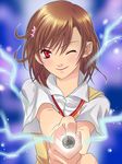  bad_id bad_pixiv_id bangs biribiri blush brown_hair coin electricity flat_chest flower foreshortening glowing hair_flower hair_ornament highres looking_at_viewer misaka_mikoto naughty_face one_eye_closed parted_bangs red_eyes school_uniform shiny shiny_hair short_hair smile solo sweater_vest swept_bangs to_aru_kagaku_no_railgun to_aru_majutsu_no_index tooco upper_body vest 
