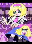  alice_margatroid blonde_hair blue_eyes bow dress hair_bow hairband kanchikinps letterboxed open_mouth panty_&amp;_stocking_with_garterbelt parody shanghai_doll short_hair smile solo style_parody touhou 