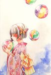  ball brown_hair bug butterfly closed_eyes hair_ornament iinuma_chika insect japanese_clothes kimono long_sleeves nail_polish original pink_nails short_hair solo temari_ball traditional_media watercolor_(medium) 