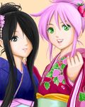  alternate_hairstyle apollo_chocolate black_eyes black_hair chocolate flower food food_print fruit furisode green_eyes hair_ornament japanese_clothes kimono long_hair lowres multiple_girls oekaki personification pink_hair strawberry strawberry_print the_ring tsuki_yomi yamamura_sadako 