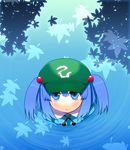  :&lt; blue_eyes blue_hair from_above hair_bobbles hair_ornament hat kawashiro_nitori leaf looking_up maple_leaf no_nose ripples short_hair solo staring takadoya touhou twintails two_side_up water 