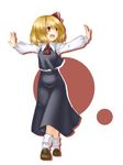  :d blonde_hair crossed_legs fang hair_ribbon open_mouth orippa outstretched_arms red_eyes ribbon rumia short_hair simple_background smile solo spread_arms standing touhou watson_cross 
