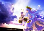  blue_hair blush bow brown_eyes cloud food frills fruit hat hinanawi_tenshi long_hair multiple_girls nagae_iku peach purple_hair ribbon shawl short_hair skirt sky touhou weiyinji_xsk 