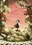  apple bad_id bad_pixiv_id barrel book boots brown_hair building ccru dress fence flower food fruit highres knee_boots lantern lettuce light_particles original rock short_hair sky solo treasure_chest |_| 