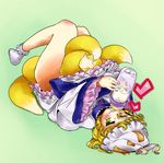  akaihana baby_bottle between_legs blonde_hair blush bottle food food_on_face fox_tail green_eyes hat lying multiple_tails on_back short_hair socks solo tail tail_between_legs touhou yakumo_ran 