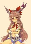  bow breasts brown_hair chain cleavage hair_bow horns ibuki_suika large_breasts long_hair navel open_clothes open_shirt red_eyes shirt siu solo touhou 