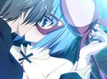  blue_eyes blue_hair blush game_cg glasses gloves kiss miyoshi_ran nimura_yuushi osananajimi_wa_daitouryou short_hair 