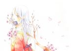  blue_eyes cherry_blossoms japanese_clothes kimono long_hair original petals solo traditional_media watercolor_(medium) white_hair yuufuushi 