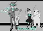  1girl 70s acoustic_guitar aqua bad_id bad_pixiv_id dress feathers fedora formal guitar hand_in_pocket hat instrument kamina_shades kurauma_nami little_my monochrome moomin moomintroll oldschool pipe smoke smoking snufkin spot_color suit sunglasses translated 