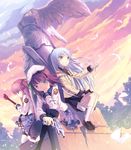  angel_beats! ankle_lace-up blazer cross-laced_footwear feathers guitar gun hat headless instrument jacket kichiroku long_hair multiple_girls pink_hair purple_hair school_uniform serafuku silver_hair sitting skirt sky smile statue sunset tail tenshi_(angel_beats!) thighhighs weapon yui_(angel_beats!) yuri_(angel_beats!) 