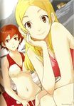  2girls baccano! belt bikini blonde_hair breasts brown_eyes casual_one-piece_swimsuit cave chin_rest cleavage dutch_angle enami_katsumi ennis firo_prochainezo halterneck isaac_dian knife long_hair medium_breasts miria_harvent multiple_boys multiple_girls navel official_art one-piece_swimsuit peeping red_hair scan scan_artifacts short_hair sitting smile swimsuit weapon 