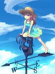  arm_support barefoot blue_eyes cloud day dress full_body hat long_hair one_knee open_mouth original red_hair sakuyamochi sky smile solo standing standing_on_one_leg straw_hat sundress weather_vane 