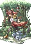  aro_(charged_time_out) bad_id bad_pixiv_id book boots braid capelet dappled_sunlight detached_sleeves dog fantasy fence forest hairband lantern light_rays long_hair midriff nature original overskirt pantyhose red_eyes red_hair running smile solo sunbeam sunlight tree_shade 