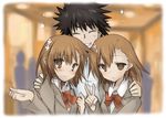  2girls bad_id bad_pixiv_id brown_eyes brown_hair hair_ornament hairclip kamijou_touma misaka_imouto misaka_imouto_10032 misaka_mikoto mishima_kurone multiple_girls short_hair to_aru_kagaku_no_railgun to_aru_majutsu_no_index v 