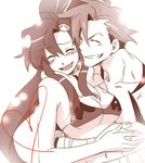  1girl bikini_top blush closed_eyes couple grin happy heart hetero holding hug kamina rikko_(peso) sepia smile tengen_toppa_gurren_lagann yoko_littner 