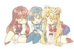  back_bow bare_legs bishoujo_senshi_sailor_moon blonde_hair blue_choker blue_footwear blue_sailor_collar blue_skirt blush boots bow brown_hair chibi choker hino_rei inner_senshi knee_boots kneeling magical_girl mizuno_ami multiple_girls nitako oekaki red_bow red_choker red_sailor_collar sailor_collar sailor_mars sailor_mercury sailor_moon sailor_senshi sailor_senshi_uniform sitting skirt tsukino_usagi 