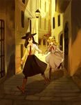  alley bad_id bad_pixiv_id blonde_hair boots brown_hair building city dress hat holding_hands kol49 lamp lantern long_hair long_sleeves looking_back maribel_hearn multiple_girls necktie road short_hair street ton_(pixiv37657) touhou usami_renko walking window yellow 