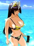  axe bikini black_hair breasts cleavage cloud day genderswap genderswap_(mtf) headdress kamen_rider kamen_rider_den-o_(series) kintaros large_breasts lips lipstick long_hair makeup navel ocean rider-tan sky solo swimsuit ueyama_michirou weapon yellow_eyes 