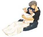  1boy 1girl blue_hair dress earrings eyes_closed female final_fantasy final_fantasy_vi flower grey_hair gyofu jewelry lock_cole long_hair male pants rachel_(ff6) shirt short_hair sitting 