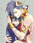  armlet blue_hair cosplay crossdressing flower goggles hair_flower hair_ornament hug kamina multiple_boys nia_teppelin nia_teppelin_(cosplay) simon tears tengen_toppa_gurren_lagann 