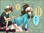  1girl :t all_fours bad_id bad_pixiv_id baikinotoko baseball_cap blue_eyes boots borrowed_garments brown_eyes brown_hair denim denim_shorts dress gen_5_pokemon hat jacket_on_shoulders long_hair oshawott pokemon pokemon_(creature) pokemon_(game) pokemon_bw ponytail shirt shirt_lift shorts skirt skirt_lift snivy squatting sweatdrop t-shirt tepig touko_(pokemon) touya_(pokemon) translated wristband 