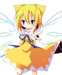  alternate_color alternate_element alternate_wings bad_id bad_pixiv_id blonde_hair blush cirno dress electricity green_eyes hair_ribbon highres hinata_ichi ikazu_cirno ribbon short_hair solo standing touhou wings yellow_dress 