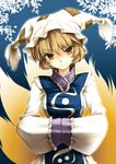  bad_id bad_pixiv_id blonde_hair fox_tail hands_in_opposite_sleeves hat multiple_tails narumizg short_hair solo tail touhou yakumo_ran yellow_eyes 