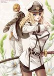  1girl ayamiya_fumi bad_id bad_pixiv_id banned_artist belt blonde_hair blue_eyes flower hair_over_one_eye hat jacket katana long_hair original pantyhose sheath sheathed sword uniform weapon 