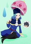  1girl aina123 arm_support bad_id bad_pixiv_id belt blue_eyes blue_hair blush boots curly_hair dress fairy_tail fur_hat fur_trim gray_fullbuster hat heart high_heels imagining juvia_lockser knee_boots poncho shoes sitting smile teruterubouzu thought_bubble umbrella water_drop 