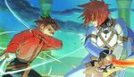  aqua_background battle brown_eyes brown_hair dual_wielding duel father_and_son holding holding_sword holding_weapon kratos_aurion lloyd_irving male_focus multiple_boys red_eyes red_hair red_shirt shimabara shirt sword tales_of_(series) tales_of_symphonia weapon 