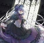  bad_id bad_pixiv_id building chito04 corset dress expressionless frills gothic_lolita hairband highres lolita_fashion long_hair original red_eyes silver_hair solo sunlight very_long_hair window 