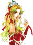  1girl bare_shoulders blonde_hair blue_eyes bridal_gauntlets earrings female final_fantasy final_fantasy_vi flower green_hair hige_tei higeking jewelry long_hair red_ribbon ribbon solo tina_branford white_background 