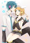  1girl aqua_eyes aqua_hair bad_id bad_pixiv_id blonde_hair genderswap genderswap_(ftm) hair_ornament hair_ribbon hairclip hatsune_mikuo headphones kagamine_rin ribbon short_hair tooru_(jux) vocaloid 