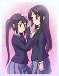  akiyama_mio bad_id bad_pixiv_id black_hair blue_eyes brown_eyes inui_uni k-on! long_hair multiple_girls nakano_azusa neck_ribbon petting red_ribbon ribbon school_uniform twintails tying 