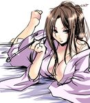  bad_id bad_pixiv_id barefoot breasts brown_eyes brown_hair cleavage feet hair_ornament highres huge_breasts japanese_clothes kanzashi kimono kiseru kobanzame long_hair lying on_stomach original pipe sketch solo yuujo 